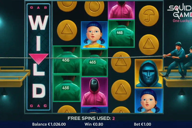 Squid Game slot bonus feature gameplay showing special symbols and bonus rounds