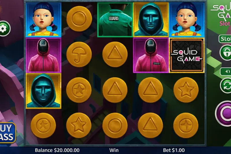 Squid Game slot machine reels and symbols showing game interface